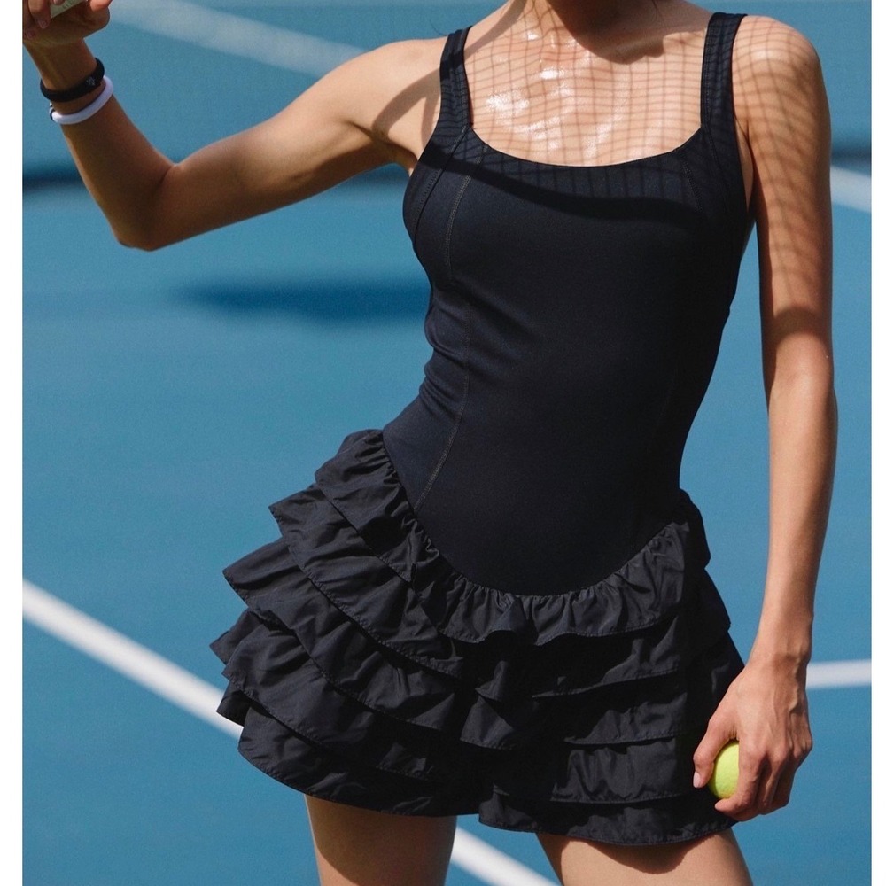 FP Movement In Bloom Shortsie Black Ruffle Tiered Activewear Romper‎ 98297112 M